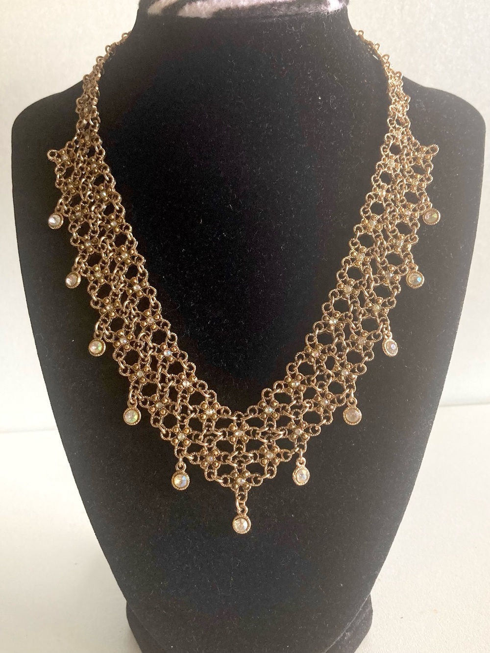 Gold tone Lace Filigree Drop preloved Necklace ab rhinestone Jewelry